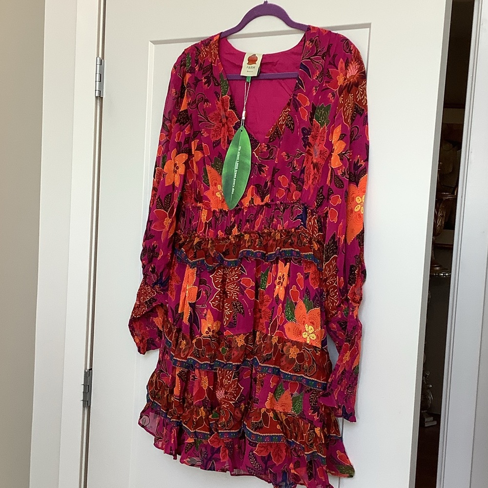 FARM Rio Pink Floral Tiered Long-Sleeve Dress